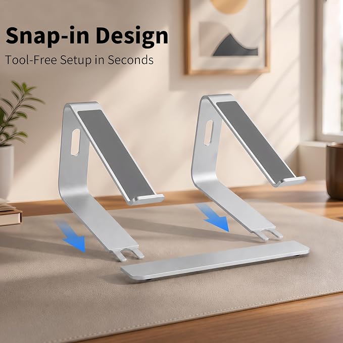 Orionstar Ergonomic Laptop Stand, Premium 5mm Aluminum Riser for 10-15.6 Inch Notebook Computer, Tool-Free Detachable Elevator Holder for Desk Office, Sturdy Riser for Eye-Level Neck Relief, Silver