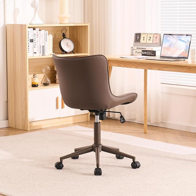 YOUTASTE Armless Office Desk Chair with Wheels, Adjustable Swivel Vanity Chair, PU Leather Upholstered, Ergonomic Back Support, Modern All Brown Computer Chair for Home Office, Bedroom, Study
