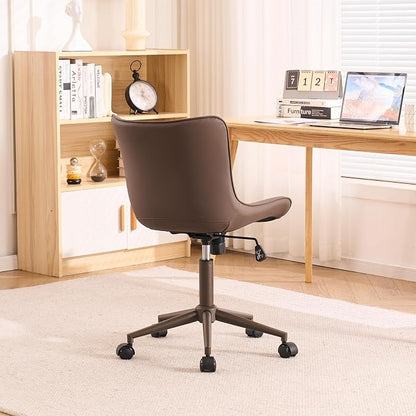 YOUTASTE Armless Office Desk Chair with Wheels, Adjustable Swivel Vanity Chair, PU Leather Upholstered, Ergonomic Back Support, Modern All Brown Computer Chair for Home Office, Bedroom, Study