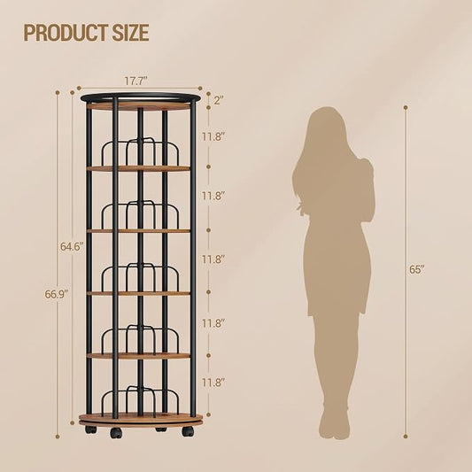 Hzuaneri Rotating Bookshelf, 360° Spinning Bookshelf Tower, Display Revolving Bookcase, Round Book Shelf, Narrow Swivel Bookshelves for Small Space, Bedroom, Living Room, 6-Tier Rustic Brown, BC52101B