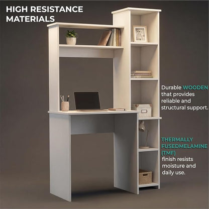 Tuhome Versalles Writing Desk with Two Superior Shelves, Five Side Open Storage Compartments, Space-Saving Modern Workstation Design for Studios and Offices, Ideal for Organization, Books