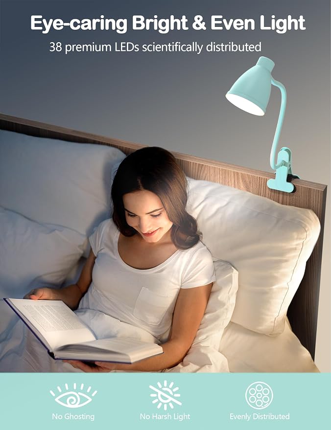 BOHON Desk Lamp with Clamp, Clip on Light, 5 Color 10 Brightness, Teal | 10W 38 LED Flexible Gooseneck Clip Lamp, Auto Off Timer, Desk Lights for Office Home Bed Bedside Reading, Adapter Include
