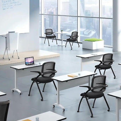 CLATINA Stackable & Foldable Conference Chair with Wheels, Ergonomic Mesh Back, 300lbs Capacity, Breathable Padded Seat, Adjustable Armrests, Office Chair for Reception, Training, Home, Black, 8PK