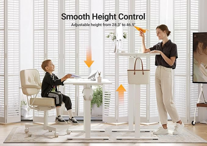 Seang Electric Standing Desk Adjustable Height, 48 x 24 Inch Sit Stand Desk with T-Shaped Frame, 3 Memory Presets & Cable Management for Home Office Computer Workstation, White Frame/White Top