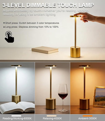 Swinerton Gold Cordless Table Lamp Set, 5000mAh Rechargeable Battery Operated Desk Lamp Wireless Table Light, 3 Color Dimmable Touch Lamp for Restaurant Dining Patio, Home/Apartment Decor