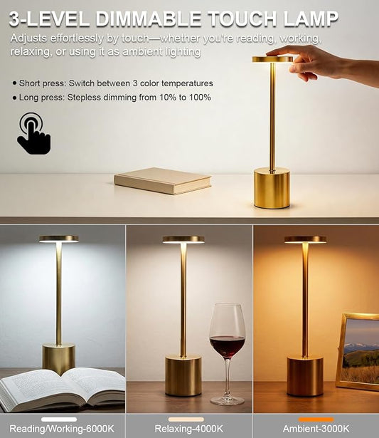 Swinerton Gold Cordless Table Lamp Set, 5000mAh Rechargeable Battery Operated Desk Lamp Wireless Table Light, 3 Color Dimmable Touch Lamp for Restaurant Dining Patio, Home/Apartment Decor