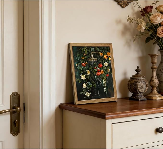 CXQILVER Vintage Framed Floral Bathroom Wall Art Canvas, Green Botanical Flowers Shower Wall Decor, Rustic Farmhouse Bathroom Decor Aesthetic Picture Artwork for Bedroom Living Room Guest Bath 8x10in