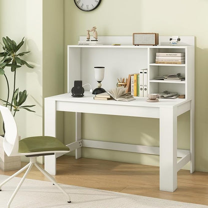 Giantex Computer Desk with Hutch, Modern Home Office Desk with Power Outlets, Storage Shelves & Cable Hole, Makeup Vanity Table, Study Writing Desk for Bedroom Office Small Space, White