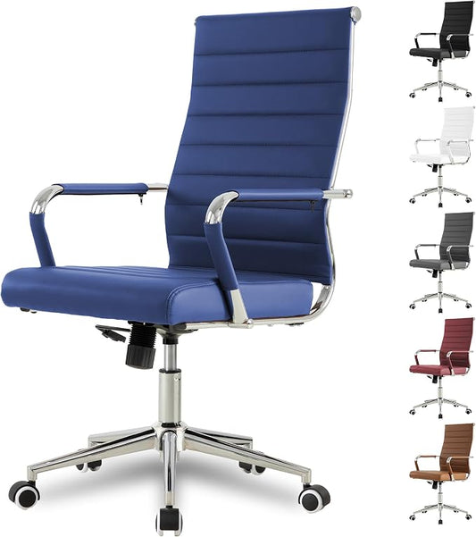 Okeysen Navy Blue Office Desk Chair, Ergonomic Leather Modern Conference Room Chairs, Executive Ribbed Height Adjustable Swivel Rolling Chair for Home Office.
