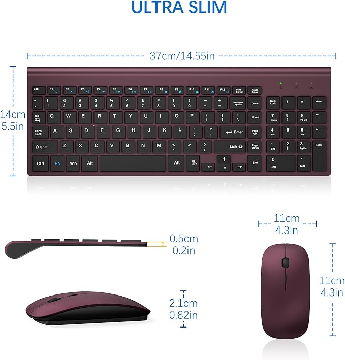 Wireless Keyboard and Mouse Ultra Slim Combo, TopMate 2.4G Silent Compact USB 2400DPI Mouse and Scissor Switch Keyboard Set with Cover, Batteries Included, for PC/Laptop/Windows/Mac - Wine Black