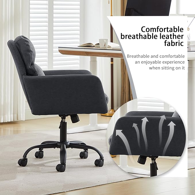 YITAI Adjustable Home Office Desk Chair with Comfy Square Mid-Back, Faux Leather 360 Swivel Upholstered Task Armchair with Wheels for Vanity Bedroom/Living Room,Study Black