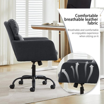 YITAI Adjustable Home Office Desk Chair with Comfy Square Mid-Back, Faux Leather 360 Swivel Upholstered Task Armchair with Wheels for Vanity Bedroom/Living Room,Study Black