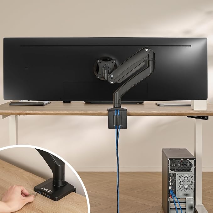 AVLT Single 17"-49" Super Ultrawide Monitor Arm Desk Mount for Screens up to 50 lbs, Premium Aluminum Stand, Adjustable Pneumatic Height, Full Motion Swivel Tilt Rotation, USB 3.0 & AUX Ports, Black