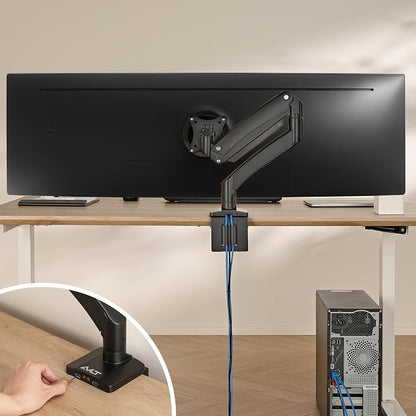 AVLT Single 17"-49" Super Ultrawide Monitor Arm Desk Mount for Screens up to 50 lbs, Premium Aluminum Stand, Adjustable Pneumatic Height, Full Motion Swivel Tilt Rotation, USB 3.0 & AUX Ports, Black