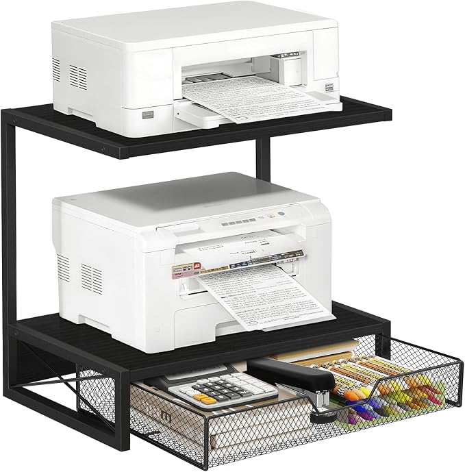 ELITEROO 2-Tier Printer Shelf with Drawers, Wooden Desk Organizer Shelf for Small Printers and Office Supplies, Desktop Storage Rack for Books, Folders, Scanner, Fax Machine, 3D Printer, Black