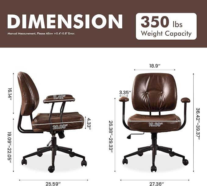 Leather Home Office Chair, Mid Back Ergonomic Desk Chair with Lumbar Support, Mid Century Modern Deep Seat Swivel Rocking Computer Chair, Dark Brown