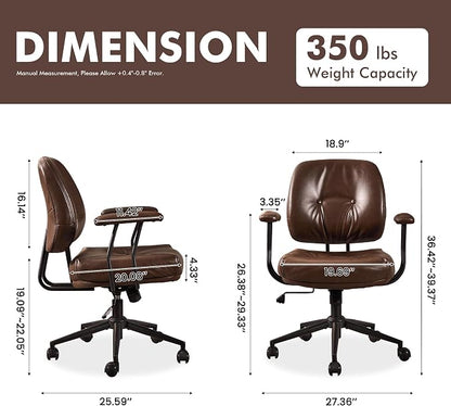 Leather Home Office Chair, Mid Back Ergonomic Desk Chair with Lumbar Support, Mid Century Modern Deep Seat Swivel Rocking Computer Chair, Dark Brown