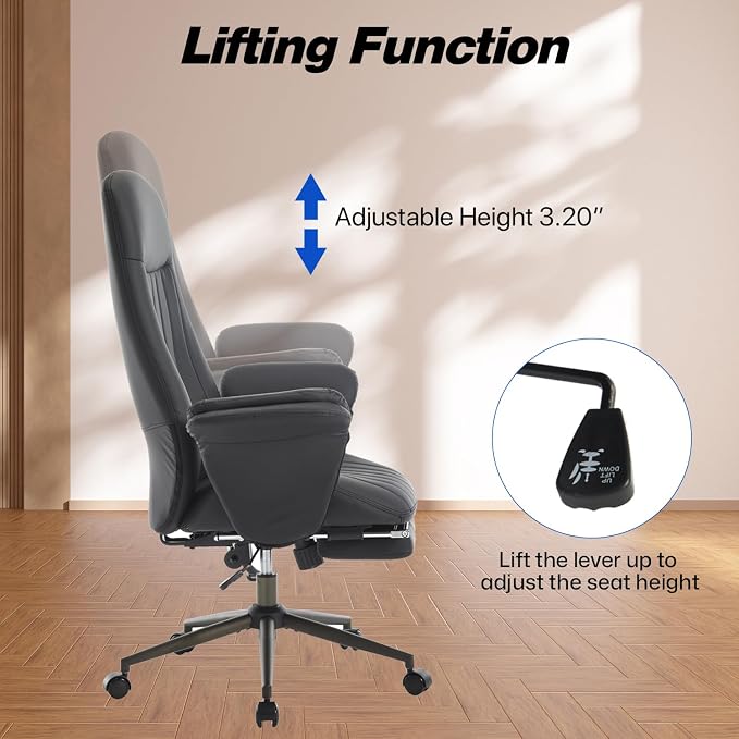 Home Office Desk Chair with Foot Rest, High Back Office Ergonomic Computer Chair with Lumbar Support Adjustable Height Rolling Swivel Chair Executive Task Armrests Black Leather