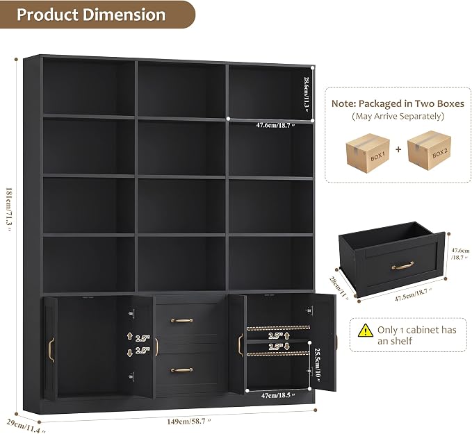 HOSTACK 71" Tall Triple Wide Bookshelf with Doors & Drawers, Modern Wood Bookcase for Storage, 6-Tier Large Bookcase with Display Shelves, Space-Saving Bookshelf for Living Room, Home Office, Black