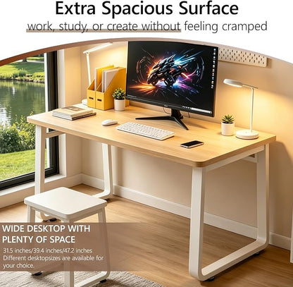 Small Office Computer Desk, Simple Style Writing Desk Waterproof and Scratch-Resistant,Sturdy Study Writing Desk with Wooden Tabletop and Metal Frame for Bedroom, Study Room, Living Room
