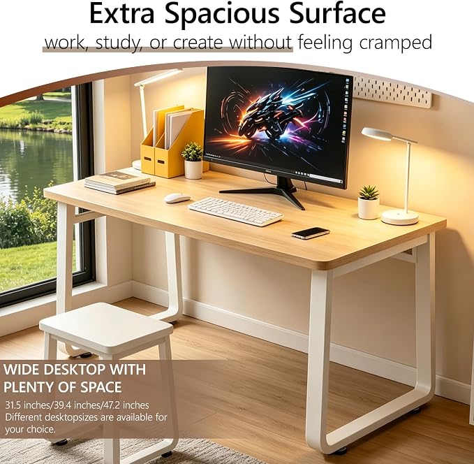 Small Office Computer Desk, Simple Style Writing Desk Waterproof and Scratch-Resistant,Sturdy Study Writing Desk with Wooden Tabletop and Metal Frame for Bedroom, Study Room, Living Room