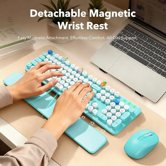 Wireless Keyboard and Mouse Combo, Full-Size Retro Typewriter Keyboard with Round Keycaps, Magnetic Wrist Rest, Tilt Legs, 2.4GHz Cordless for Mac, Windows PC, Laptop, SABLUTE CK23, Robin Egg Blue