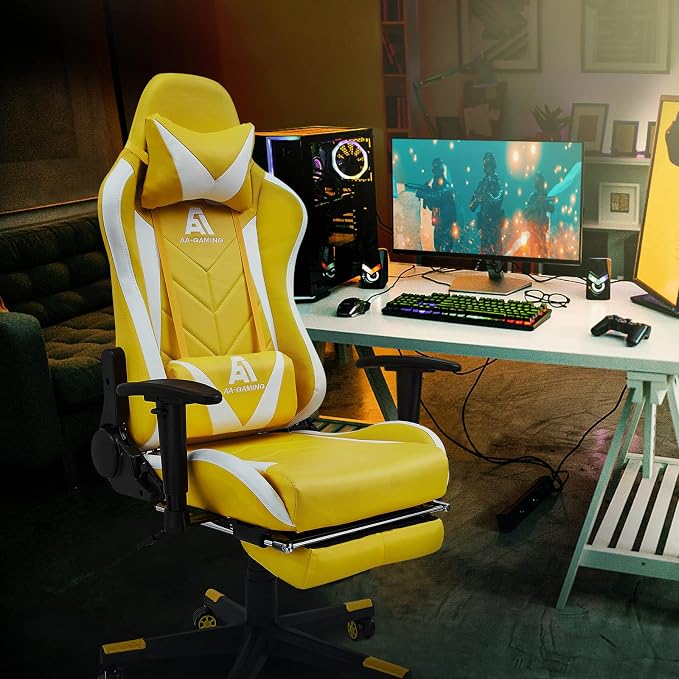 AA Products Gaming Chair - High Back Ergonomic Racing Chair with Footrest, Lumbar Support & Swivel - YellowWhite