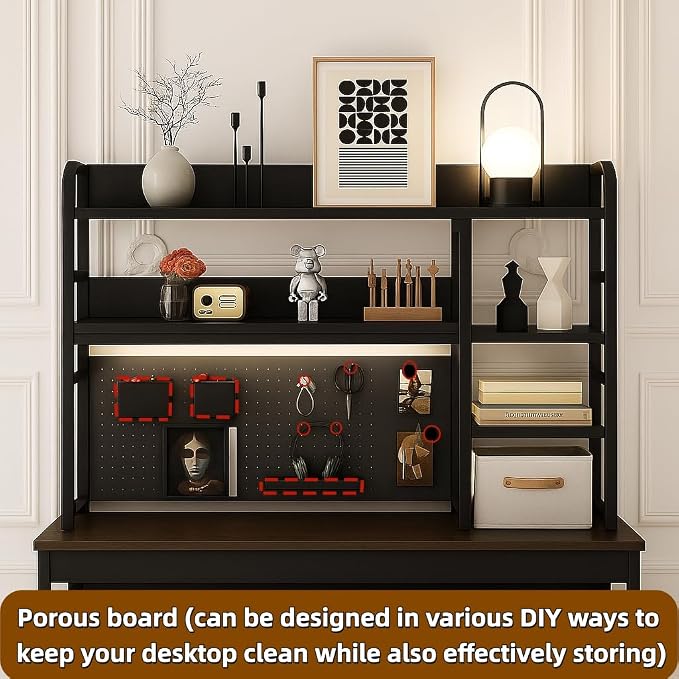 Desktop Bookshelf, pegboard Storage and Organization Rack, Dorm Desk Shelf, Desk Hutch, Desktop Storage for Office, Study, Student Display Rack,Desktop Shelves (Black 53.1" Lx9.9 Wx37 H)
