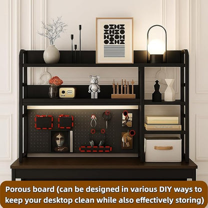 Desktop Bookshelf, pegboard Storage and Organization Rack, Dorm Desk Shelf, Desk Hutch, Desktop Storage for Office, Study, Student Display Rack,Desktop Shelves (Black 53.1" Lx9.9 Wx37 H)