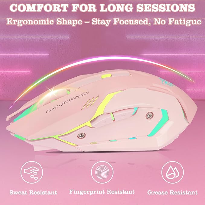 Wireless Gaming Mouse, Rechargeable Wireless Computer Mouse with Type-C Fast Charging, Ergonomic Mouse with 3 Adjustable DPI, 6 Silent Buttons, LED Light, Long Battery Life for Laptop, PC, Mac (Pink)