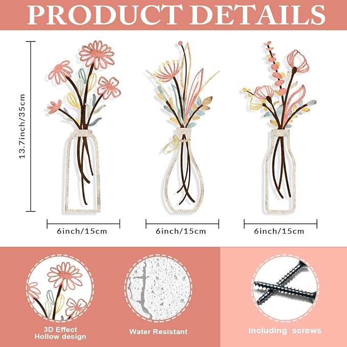 Pigort 3 Pieces Metal Flowers Wall Arts - Rustic Farmhouse Style Décor Metal Wall Art Black Minimalist Flower Natural Themed Wall Decors for Home Bedroom Dining Room Housewarming (Pink Beige)
