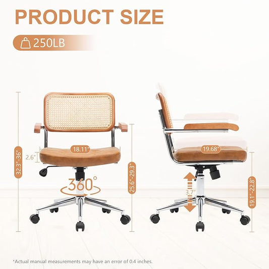 Rattan Office Chairs, Modern Rattan Desk Chair with Natural Back & Wood Armrest, Small Upholstered Tufted Leather Home Office Desk Chairs for Home Ofice, Bedroom, Study, Brown