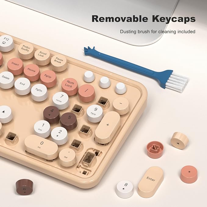 Wireless Keyboard and Mouse Combo, 2.4GHz Retro Full-Size Typewriter Keyboard with Number Pad and Wireless Mouse for PC/Laptop/Desktop/Windows (Milk Tea Colorful)