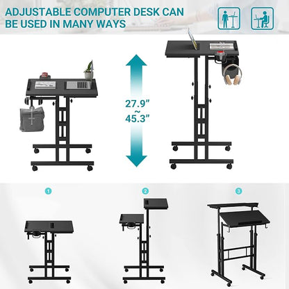 Klvied Adjustable Height Standing Desk with Cup Holder, Portable and Easy to Move, Ideal for Home or Office, Black