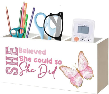 She Believed She Could So She Did Pen Pencil Holder Organizer for Desk, Inspirational Gifts for Women Friends, Graduation Gifts for Women Her, Pink Butterfly Wood Signs Desk Accessories