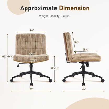 Furnimart Heavy-Duty Curved FSC Wood Desk Chair 360° Swivel, Premium Chenille Criss Cross Chair with Wheels Wide Seat, Comfy Armless Cross Legged Sitting for Bedroom, Office, Vanity (Light Brown)