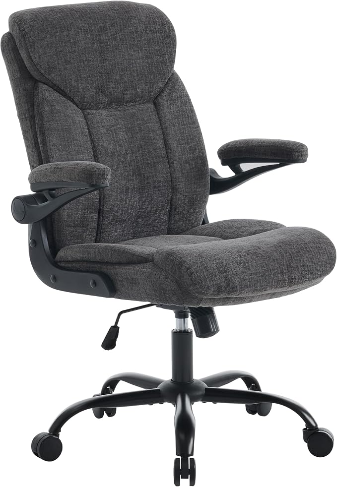 Home Office Ergonomic Desk Chair - Comfy Fabric Executive Chair with Flip-Up Armrests, Height Adjustable Computer Chair for Gaming, 360° Swivel & Rocking (Grey)