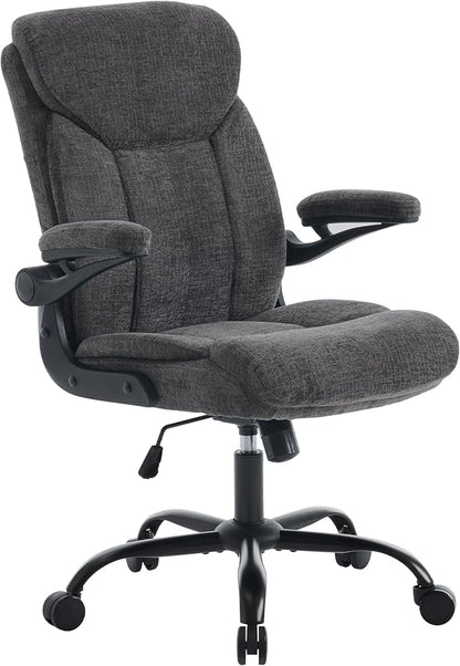 Home Office Ergonomic Desk Chair - Comfy Fabric Executive Chair with Flip-Up Armrests, Height Adjustable Computer Chair for Gaming, 360° Swivel & Rocking (Grey)