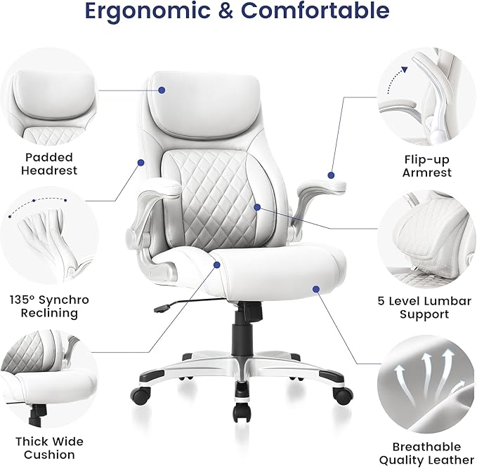 Nouhaus Ergonomic Office Chair Premium Leather Adjustable Lumbar Support & Armrests, High Back Comfy Desk Gaming Chairs Executive Computer Swivel Chair Tilt Function(Posture,White)