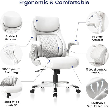 Nouhaus Ergonomic Office Chair Premium Leather Adjustable Lumbar Support & Armrests, High Back Comfy Desk Gaming Chairs Executive Computer Swivel Chair Tilt Function(Posture,White)