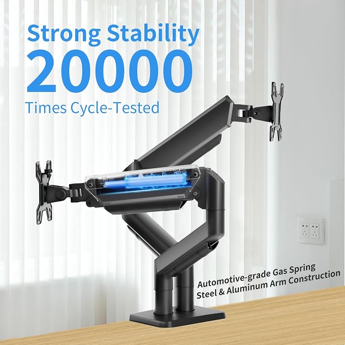 Dual Monitor Stand for 13 to 32 inch Screens, Gas Spring Monitor Arm with Swivel, Tilt, Rotation, Height Adjustable, Desk Mount with C-Clamp and Grommet Base, Each Arm Holds 4.4 to 19.8lbs Screen