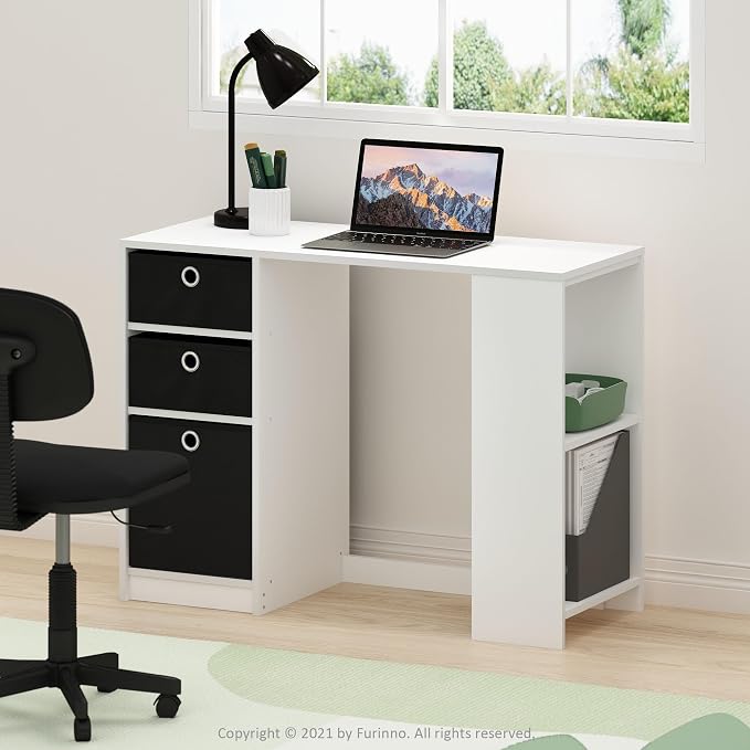 Furinno Jaya Desk, 39.4" Wide Gaming Desk with Drawer Bins, Computer Desk with Side Book Shelf, Writing Desk, Office Desk for Home Office, Study Room, Dorm, Bedroom, White
