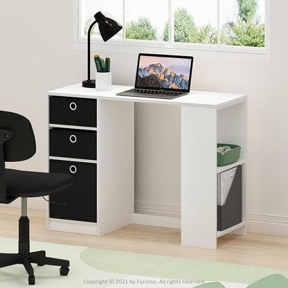 Furinno Jaya Desk, 39.4" Wide Gaming Desk with Drawer Bins, Computer Desk with Side Book Shelf, Writing Desk, Office Desk for Home Office, Study Room, Dorm, Bedroom, White