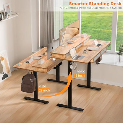55 * 30 Inches Electric Standing Desk Adjustable Height with 4 Drawers, Double Storage Shelves Stand Up Desk, Home Office Workstation Sit Stand Desk (Light Rustic Brown)
