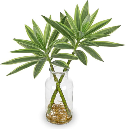 GnFlus Artificial Plants Stems in Glass Vase with Faux Water,Fake Silk Plant Dracaena Leaves for Centerpiece Table Decorations Farmhouse Wedding Home Greenery Decor (Green and Yellow)