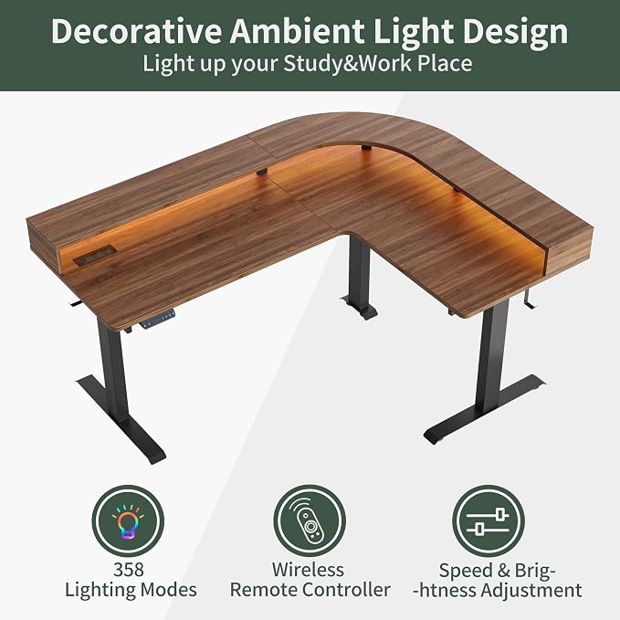 FEZIBO 63"x49" L Shaped Standing Desk with Arc LED & Power Outlet, Electric Height Adjustable L Shaped Desk with Monitor Stand, for Gaming Office, Black Walnut（2 Packages）
