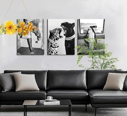 Bathroom Fashion Leopard Print Black and White Canvas Wall Art Trendy Women Posters Paintings Luxury Feminist Pictures Wall Decor for Bedroom Living Room Hallway Home Decoration 12×16 In Framed