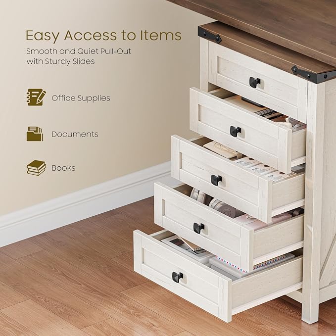 Halitaa 5 Drawer Storage Cabinet, Office Storage Cabinet with 5 Drawers, Small Farmhouse Printer Stand for Home Office, Rustic White and Brown