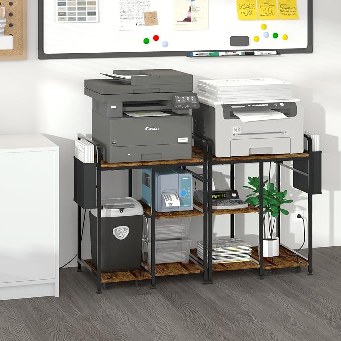 Sedegn Large Printer Stand with 3 AC Outlets for Home Office Devices | Heavy-Duty Printer Table for Laser Printer, Side Paper Storage Bag, 3-Tier Organizer for Shredder, PC Tower & Supplies, Brown