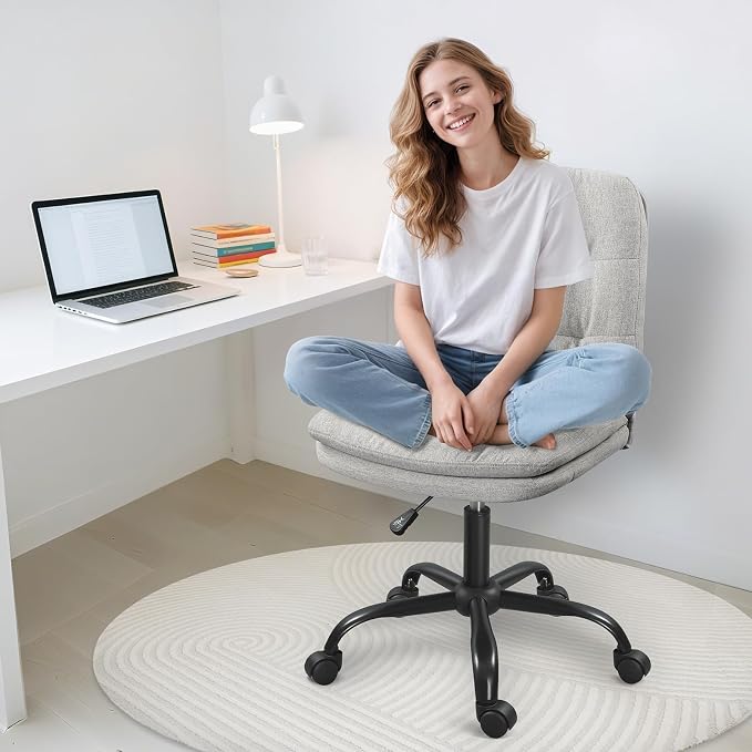 Home Office Desk Chair Comfy - Armless Criss Cross Chair with Wheels Vanity Chair Office Chairs Rolling Swivel Height Adjustable for Adults - Beige